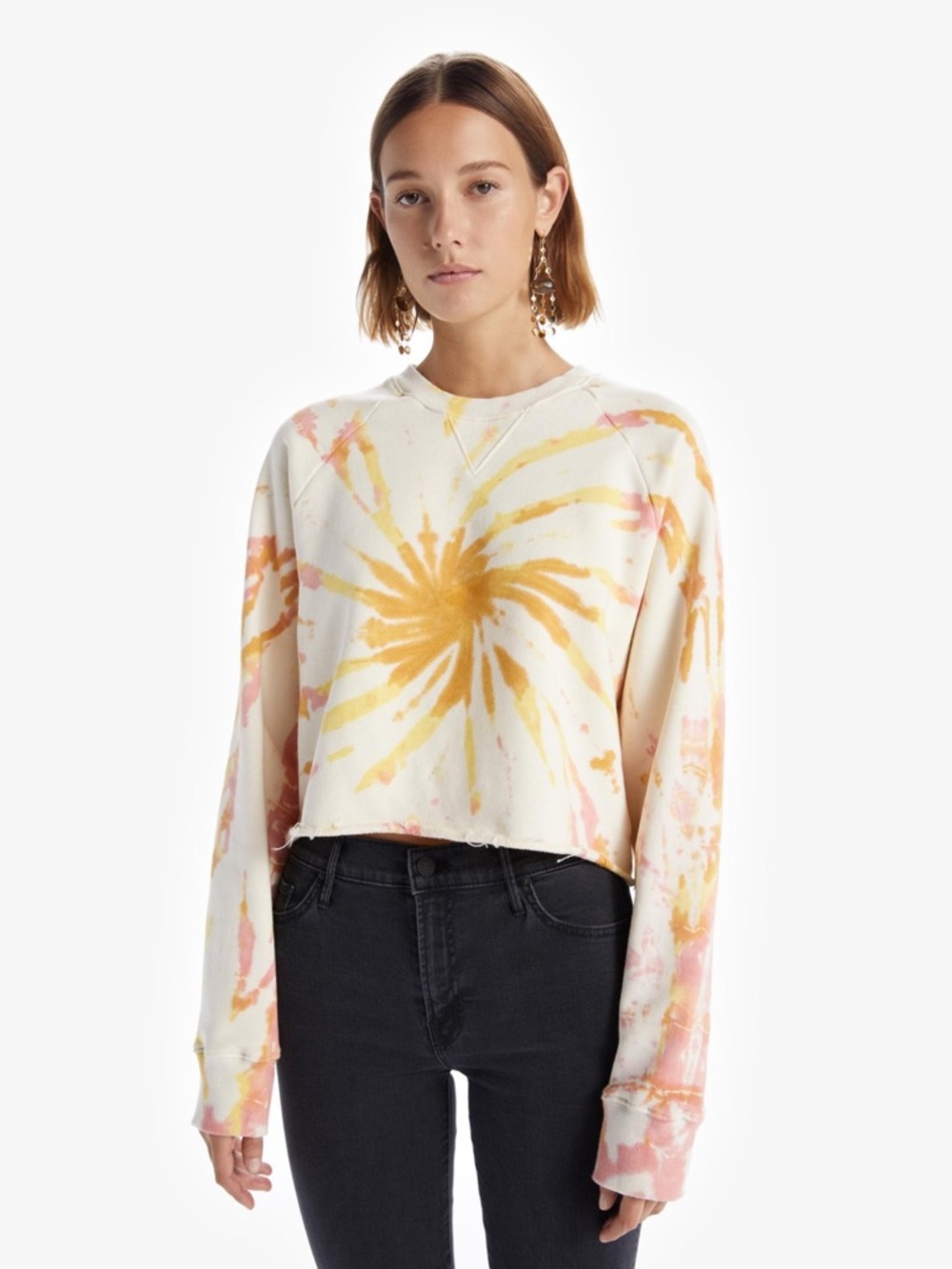 MOTHER NEW Loafer Crop Fray Sweatshirt Size XS Yellow Tie Dye Coral Haze, Lemon